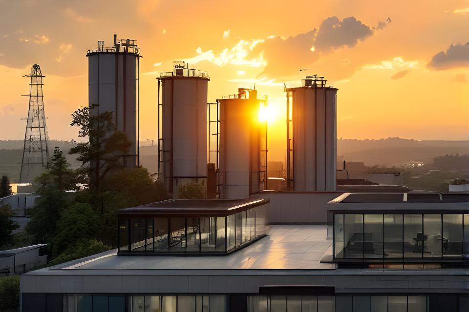 Plano general de una planta de hormigón con oficinas vidriadas y silos al atardecer en Monte Chingolo