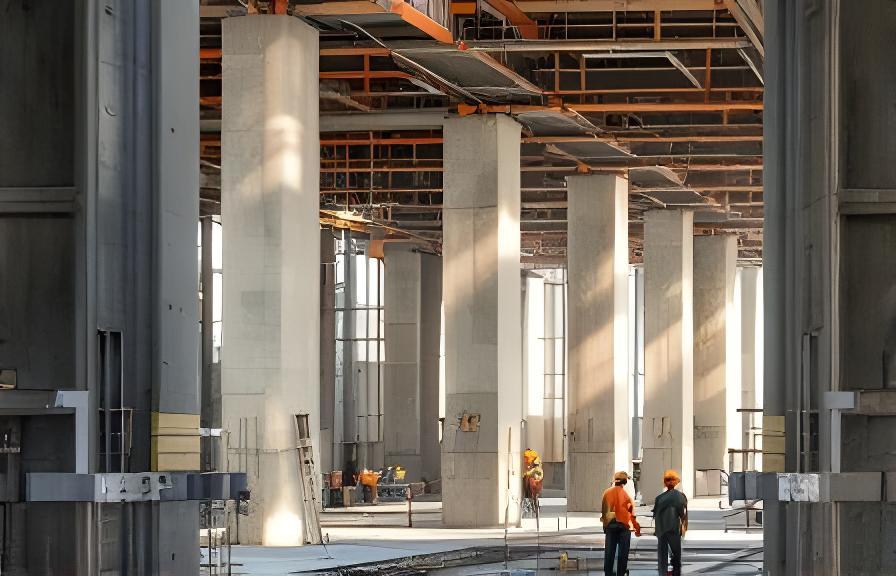 Estructura comercial en Lanús con columnas de hormigón, encofrado metálico y equipo revisando niveles