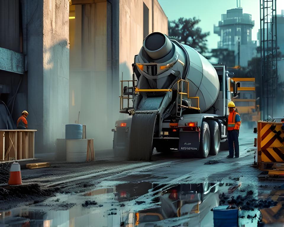 Camión mixer descargando hormigón en una obra urbana con encofrados, personal técnico y luz de tarde