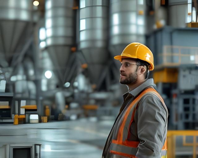 Gerente de planta supervisando silos y mezcladoras en una planta industrial luminosa
