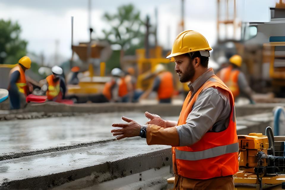 Ingeniero supervisando el vaciado de hormigón junto a operarios y herramientas de obra al aire libre