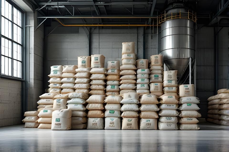 Bolsas de cemento Portland apiladas junto a un silo de acopio en una nave industrial