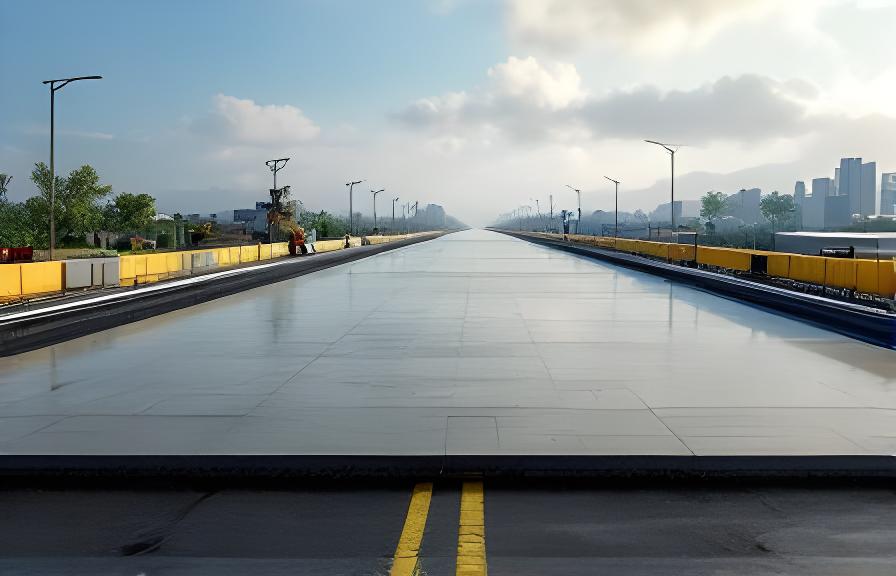 Frente de infraestructura vial con hormigón extendido sobre base compactada y señalización de obra al costado