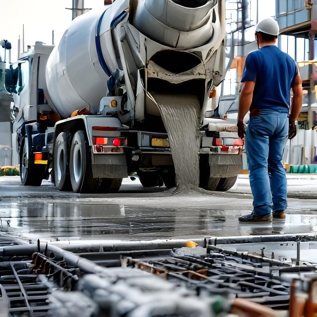 Camión mixer descargando hormigón elaborado en una platea de obra con operarios controlando el vertido