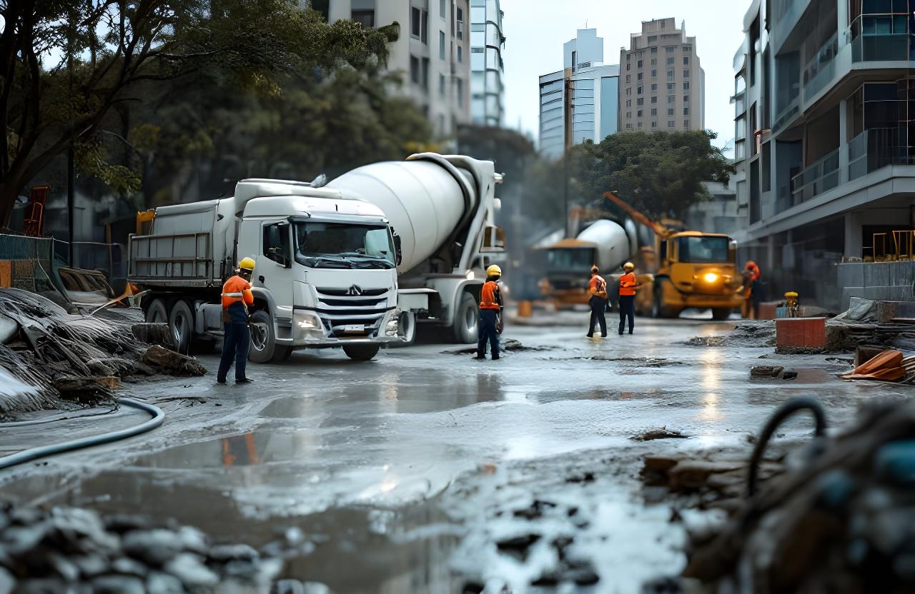 Camión mixer descargando hormigón en una obra urbana de Buenos Aires, con operarios coordinando la entrega